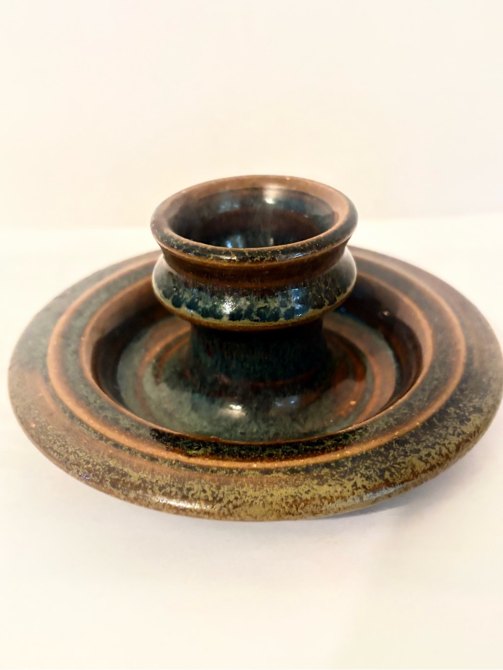 Vintage Dysart Studio Art Pottery Taper Candle Holder Blue & Brown Glaze Signed